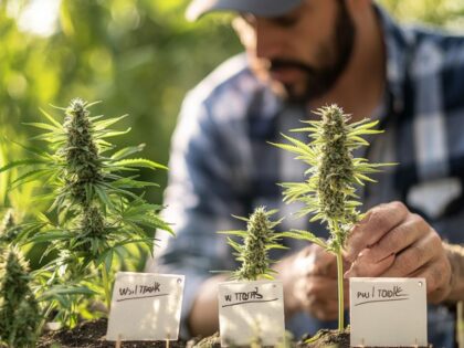 Cannabis grower comparing topped plant vs non topped plants, considering factors like structure, growth stage, and health before topping decision.