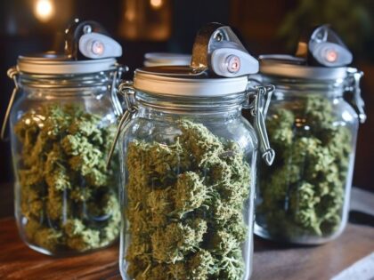 Glass jars filled with cannabis buds curing in a dark room with a hygrometer, showing the proper technique for how to cure cannabis for optimal quality.