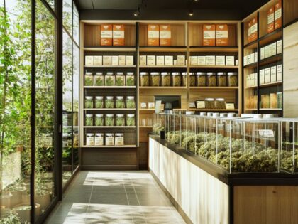 Modern cannabis seed bank storefront in the United States showcasing labeled jars and packaging – ideal representation of seed banks in the United States.