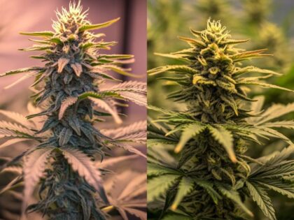 Realistic side-by-side comparison of topped plant vs non topped cannabis plants showing growth differences in branch structure and bud development.