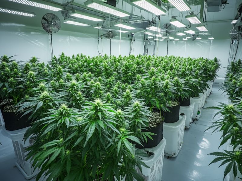 Indoor grow room setup showing how to grow marijuana indoors with LED lighting, potted cannabis plants, and ventilation for controlled cultivation.