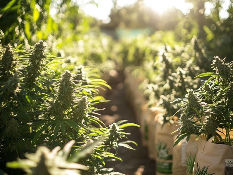 Best Fertilizer for Outdoor Marijuana shown in use with thriving cannabis plants during vegetative and flowering growth outdoors.