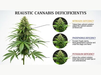 Cannabis deficiency chart illustrating healthy vs. nutrient-deficient plants to highlight early signs and nutrient solutions for optimal cannabis growth.