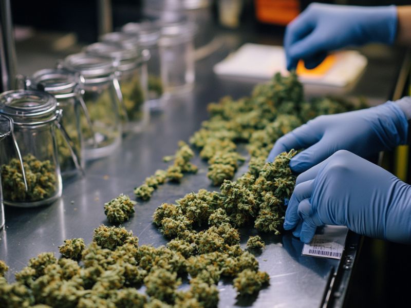 Final stage of Cannabis Harvest showing trimmed buds, storage jars, and proper tools used to preserve quality, aroma, and potency.