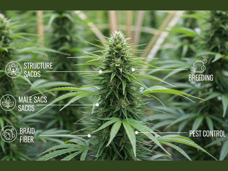 Male Marijuana Plants in a garden setting, showcasing their role in breeding, fiber production, and natural pest control in cannabis cultivation.