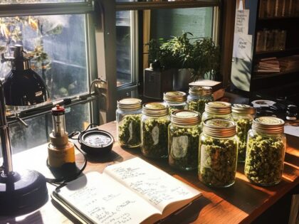 Organized jars of cured cannabis with tools and notes, showing successful results of how to cure weed for better quality, potency, and long-term storage.
