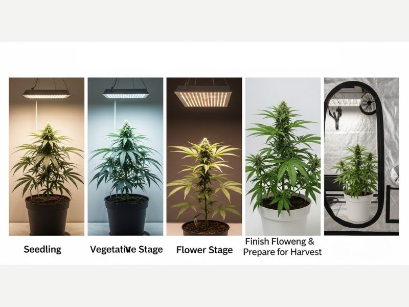 Collage of Growing Marijuana Indoors showing seedling, vegetative, flowering stages, and harvest setup in an indoor grow room with lights and equipment