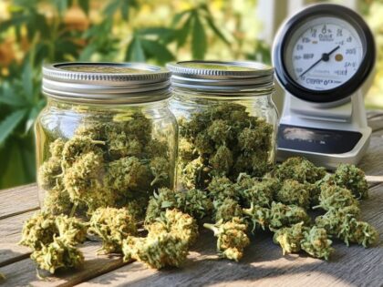 Properly dried cannabis buds being jarred for curing — the final step in how to dry weed for long-term quality and potency.