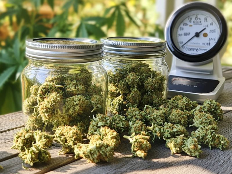 Properly dried cannabis buds being jarred for curing — the final step in how to dry weed for long-term quality and potency.