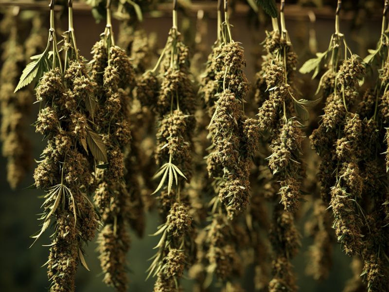 Cannabis buds hang drying in a dark room with good airflow — a key method in learning how to dry weed properly at home.