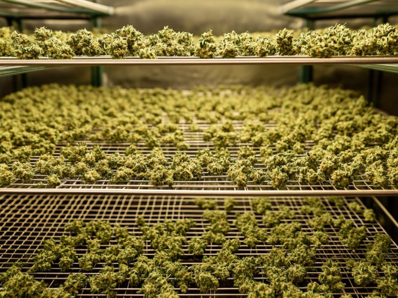 Trimmed cannabis buds drying on mesh racks indoors — a compact and effective method in how to dry weed at home.
