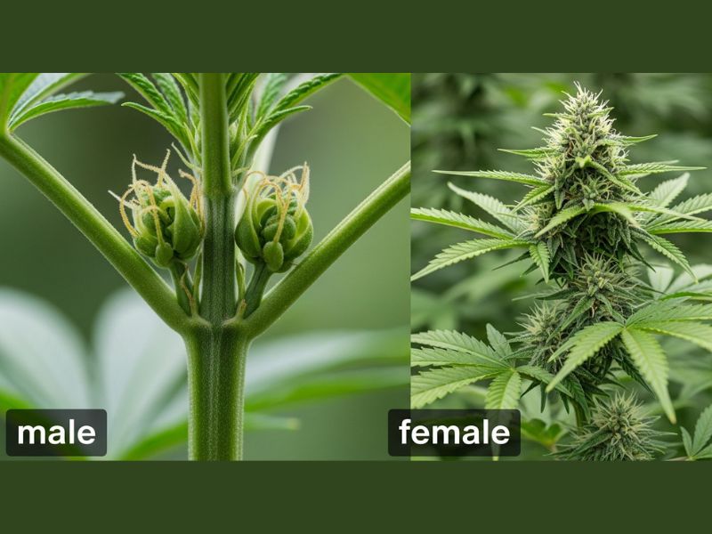 Close-up image showing early traits of Male Marijuana Plants, including pollen sacs, thick stems, and fewer leaves, to help identify them before pollination.