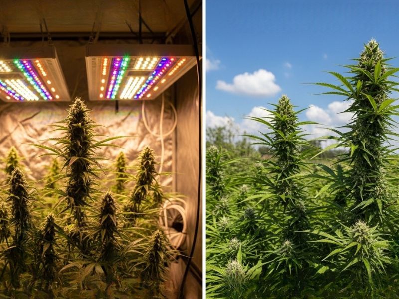 Cannabis Growth Chart showing indoor vs outdoor cultivation with key growth stages, lighting, and environmental differences for marijuana plants.