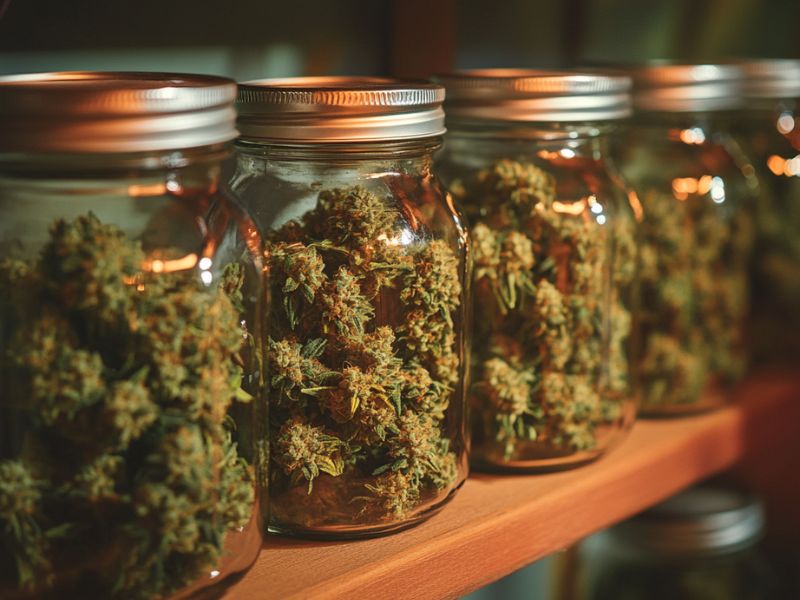Jar Curing cannabis buds in glass jars for optimal freshness, flavor, and potency using a step-by-step curing process.
