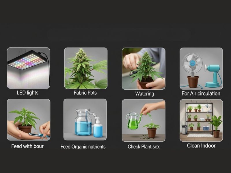 Infographic showing tips for Growing Marijuana Indoors, including watering, lighting, trimming, nutrient feeding, air circulation, and clean grow room setup