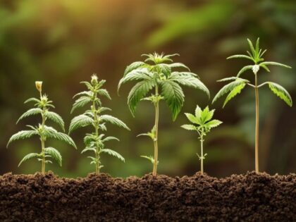 Illustration of the 5 weed plant stages: seed germination, seedling, vegetative, pre-flowering, and flowering—showing cannabis growth from start to bud.