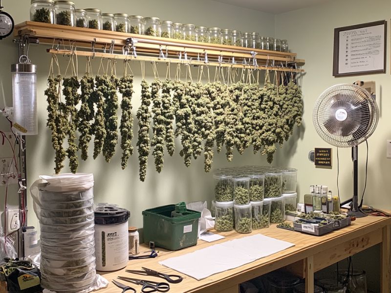 Essential tools and equipment neatly arranged for Cannabis Harvest, including pruning shears, drying racks, gloves, jars, and a hygrometer in a clean workspace.
