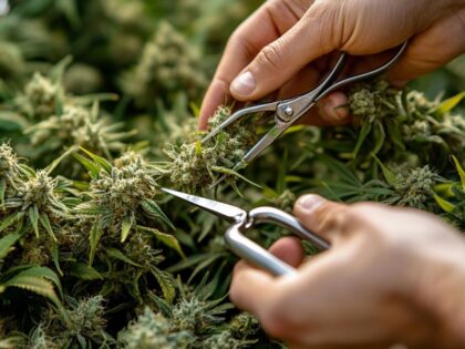 Cannabis trimming tips in action—trimming marijuana plants with precision tools for better yield and bud quality.