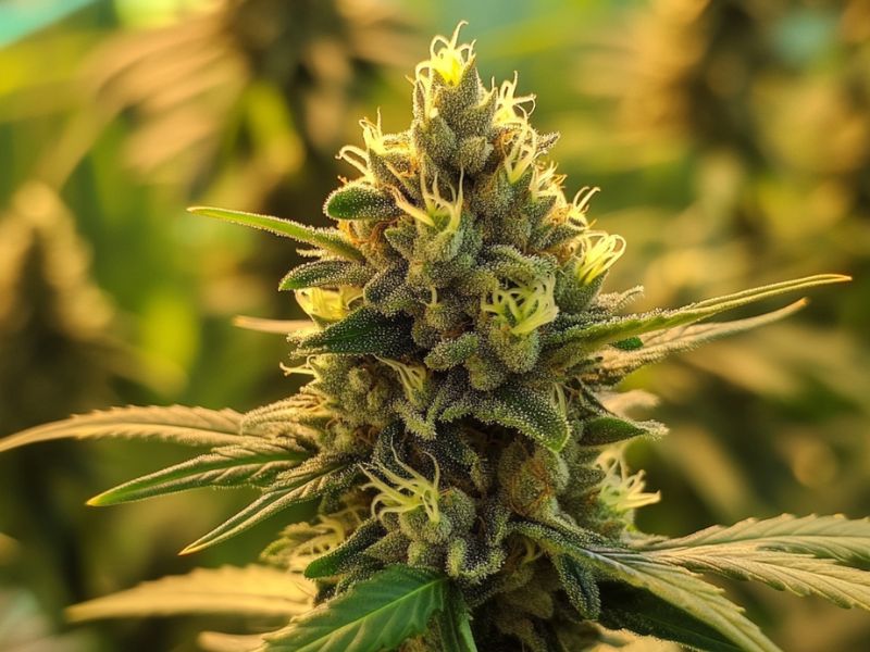 Marijuana plant stages flowering phase with visible buds, pistils, and trichomes forming during week 6 to 10 of growth.